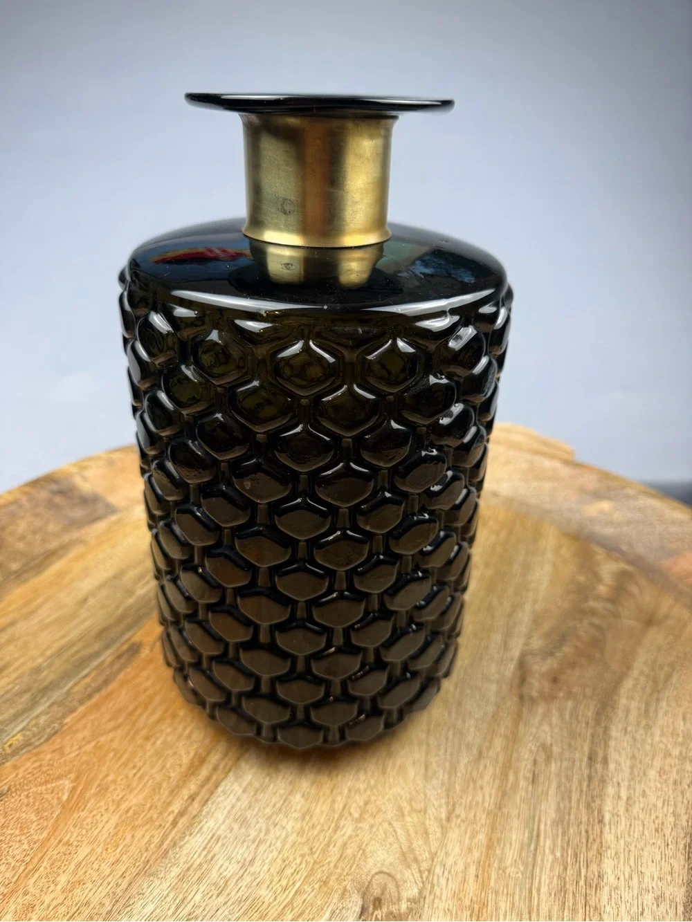 Vintage Black Honeycomb Glass Vase with Brass Collar MCM Decor